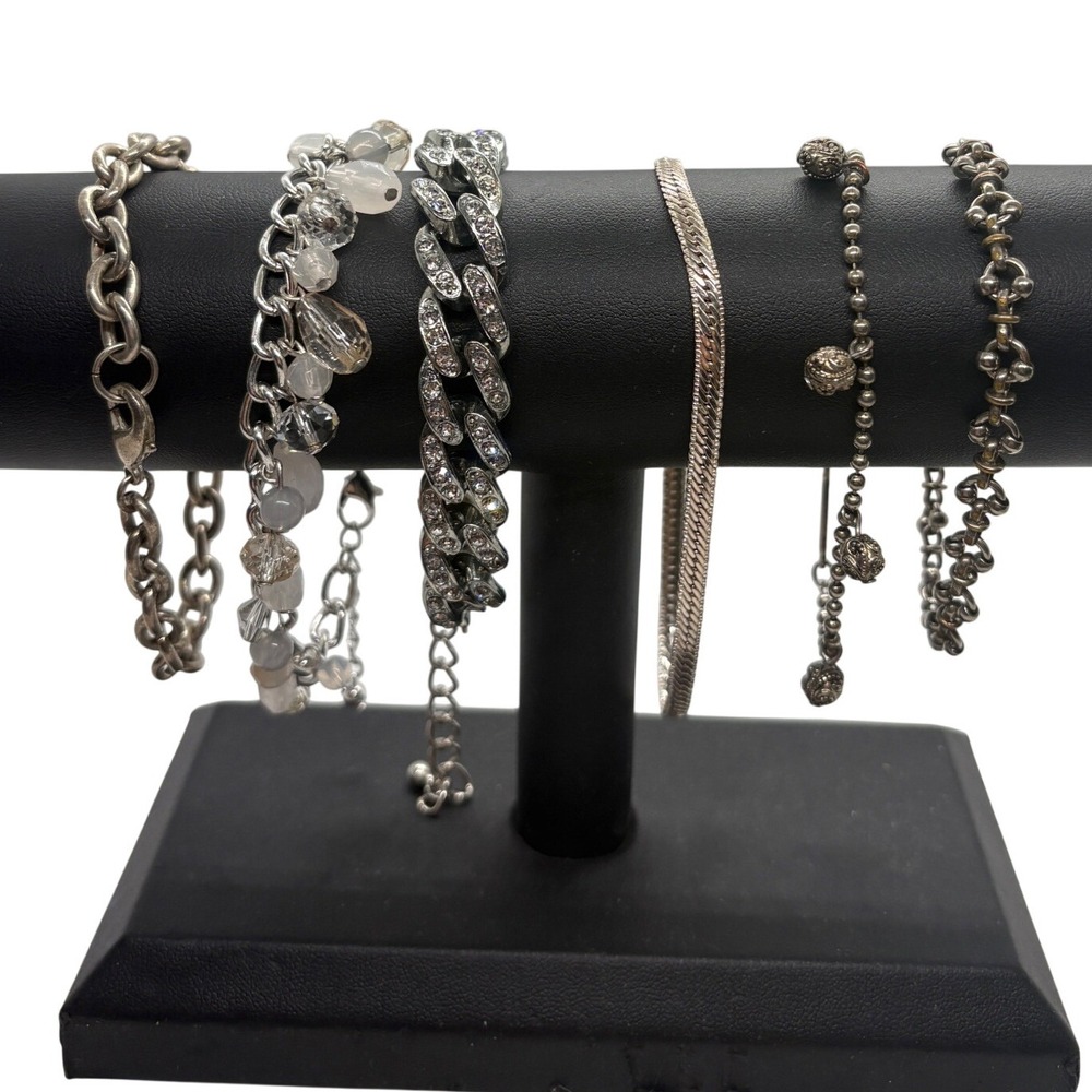 Vintage Napier Silver Tone Bracelet Lot 6pc Cuban Link Herringbone Rhinestone‎